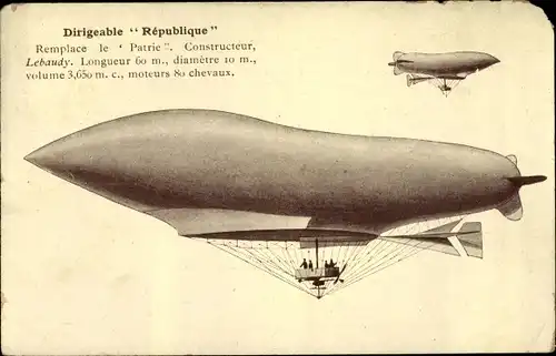 Ak Dirigeable Republique, remplace le Patrie, moteurs 80 chevaux, Französisches Luftschiff