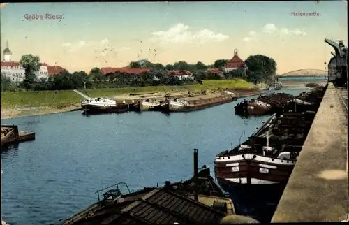 Ak Gröba Riesa an der Elbe Sachen, Hafenpartie