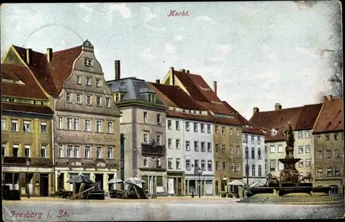 Ak Freiberg im Kreis Mittelsachsen, Blick auf den Markt, Otto d. Reiche v. Meißen Denkmal