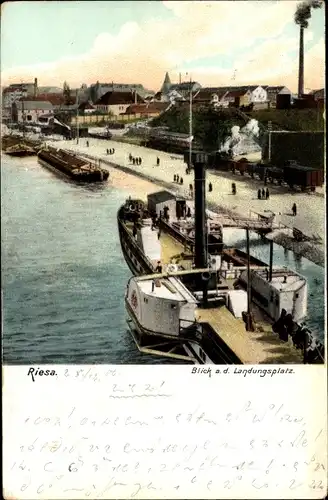 Ak Riesa Elbe Sachsen, Blick auf den Landungsplatz, Dampfer, Lastkähne