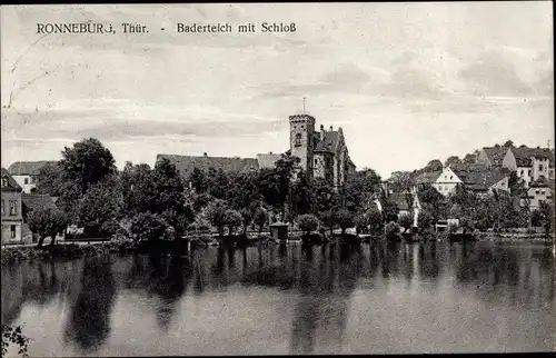 Ak Ronneburg im Kreis Greiz Thüringen, Baderteich mit Schloss