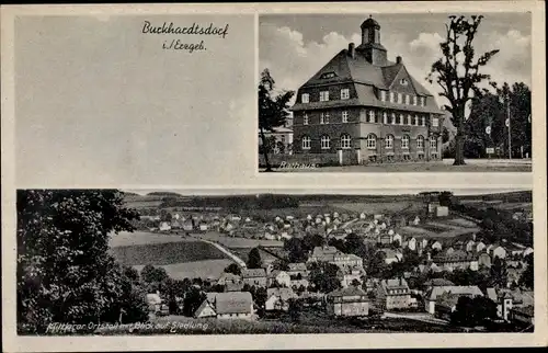 Ak Burkhardtsdorf im Erzgebirge, Rathaus, Mittlerer Ortsteil mit Blick auf Siedlung