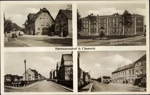 Ak Hartmannsdorf in Sachsen, Schule mit Kriegerdenkmal, Straßenpartien