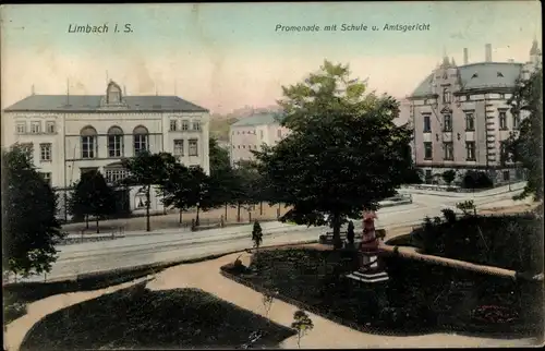 Ak Limbach Oberfrohna in Sachsen, Promenade mit Schule u. Amtsgericht