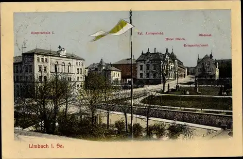 Ak Limbach Oberfrohna in Sachsen, Bürgerschule 1, Kgl. Amtsgericht. Hotel Hirsch, Kriegerdenkmal,