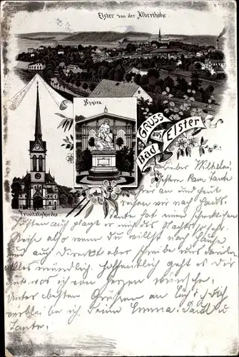 Litho Bad Elster im Vogtland, Blick von der Alberthöhe, Trinitatiskirche, Hygiea