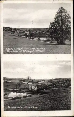 Ak Nassau Frauenstein im Erzgebirge, Ober-Nassau mit Schäfergut Gasthaus, Teilansicht mit Teich