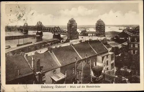 Ak Ruhrort Duisburg im Ruhrgebiet, Blick über die Dächer der Stadt zur Rheinbrücke