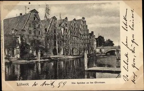 Ak Hansestadt Lübeck, alte Speicher an der Obertrave