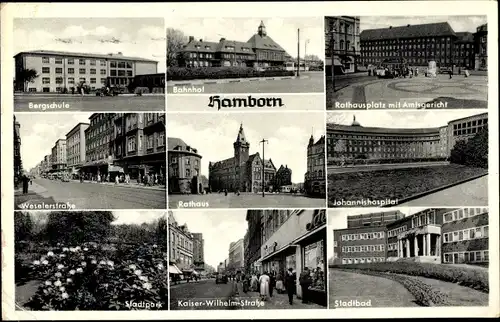 Ak Hamborn Duisburg im Ruhrgebiet, Bergschule, Bahnhof, Rathaus, Rathausplatz, Stadtpark, Stadtbad