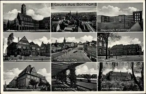 Ak Bottrop im Ruhrgebiet, Rathaus, Ev. Gemeindehaus, Gymnasium, Panorama, Hans-Sachs-Platz