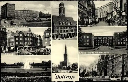 Ak Bottrop im Ruhrgebiet, Gymnasium, Knappschafts-Krankenhaus, Hansastraße, Rathaus, Stadtgarten