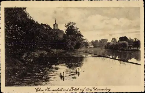 Ak Bad Cleve Kleve am Niederrhein, Kermisdahl und Blick auf die Schwanenburg, Schwäne