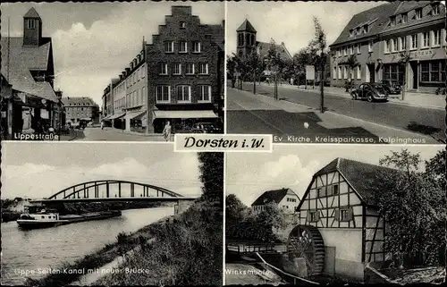 Ak Dorsten in Westfalen, Lippestraße, Ev. Kirche, Kreissparkasse, Kolpinghaus, Winksmühle, Kanal