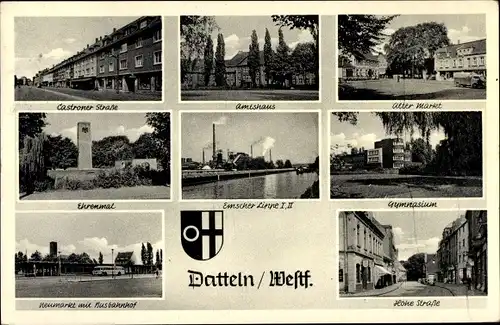 Wappen Ak Datteln im Ruhrgebiet, Amtshaus, Gymnasium, Emscher Lippe I,II, Ehrenmal, Busbahnhof