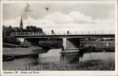 Ak Lippborg Lippetal in Westfalen, Brücke und Kirche