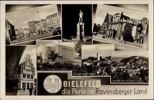 Ak Bielefeld in Nordrhein Westfalen, Denkmal, Marktplatz, Teilansichten, Wappen