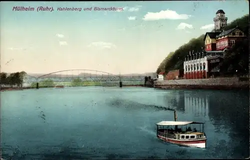 Ak Mülheim an der Ruhr, Kahlenberg und Bismarckturm, Dampfboot