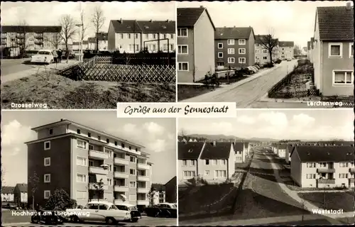 Ak Sennestadt Bielefeld in Nordrhein Westfalen, Drosselweg, Lerchenweg, Hochhaus am Lerchenweg