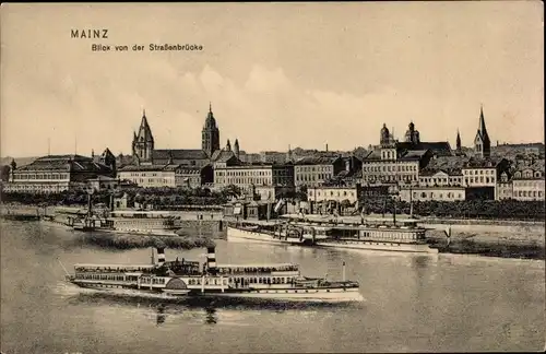 Ak Mainz am Rhein, Blick von der Straßenbrücke, Rhein mit Schiffen