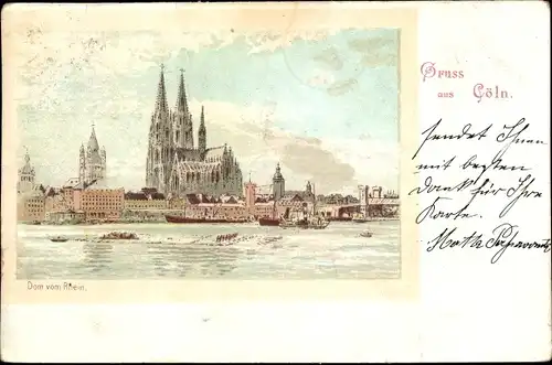 Litho Köln am Rhein, Kölner Dom, Rheinbrücke und Boote