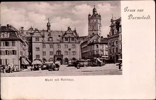 Ak Darmstadt in Hessen, Markt mit Rathhaus