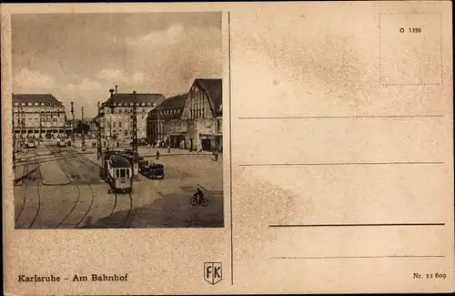 Ak Karlsruhe in Baden, Am Bahnhof, Straßenbahn