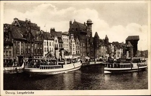 Ak Gdańsk Danzig, Langebrücke, Krantor, Schiffe
