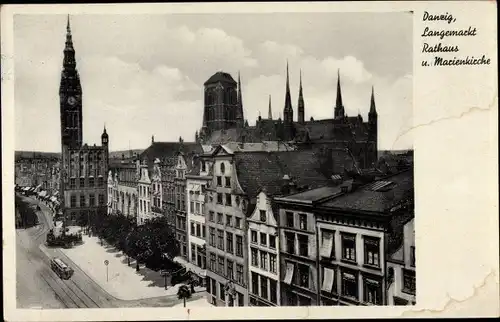 Ak Gdańsk Danzig, Langemarkt, Rathaus und Marienkirche, Straßenbahn