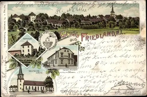 Litho Friedland in der Niederlausitz, Gesamtansicht, Rathaus, Postamt, Deutsche Kirche