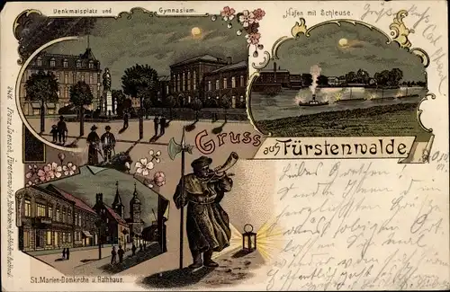 Litho Fürstenwalde an der Spree, Denkmalsplatz, Gymnasium, St. Marien Domkirche, Rathaus, Schleuse