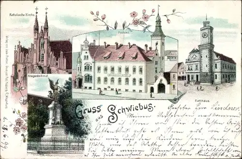 Litho Świebodzin Schwiebus Ostbrandenburg, Kath. Kirche, Postamt, Rathaus, Kriegerdenkmal