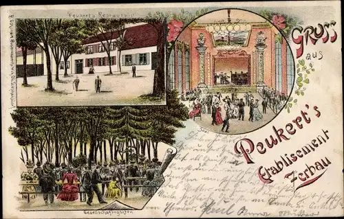 Litho Serby Zerbau Schlesien, Peukerts Etablissement, Restaurant, Saal, Garten