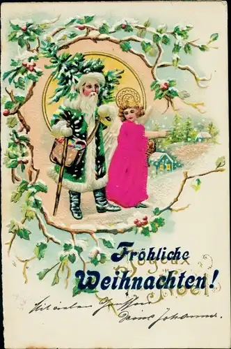 Präge Litho Frohe Weihnachten, Weihnachtsmann mit Tannenbaum, Engel