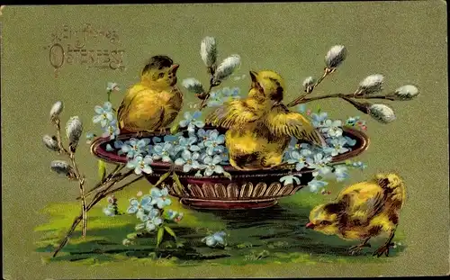 Präge Litho Glückwunsch Ostern, Küken, Weidenkätzchen, Vergissmeinnicht