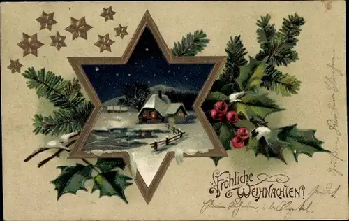 Präge Litho Glückwunsch Weihnachten, Winterlandschaft, Stechpalmenzweige
