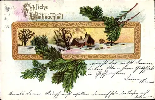 Passepartout Litho Glückwunsch Weihnachten, Winterlandschaft, Gebäude