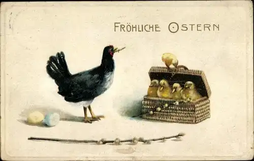 Ak Glückwunsch Ostern, Küken in einem Korb, Huhn, Weidenkätzchen, Ostereier
