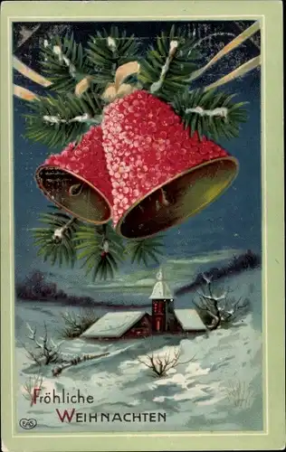 Ak Glückwunsch Weihnachten, Glocke, Winterlandschaft mit Kirche