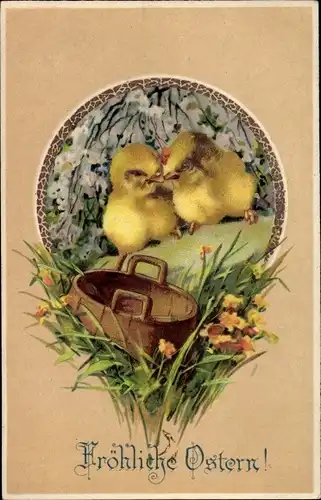 Präge Litho Glückwunsch Ostern, Zwei Küken, Blumen