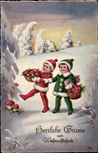 Ak Glückwunsch Weihnachten, Zwei Kinder mit Körben mit Fliegenpilzen, Winterlandschaft, Geschenk