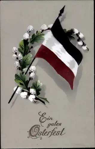 Ak Glückwunsch Ostern, Weidenkätzchen, Eichenlaub, Fahne, Patriotik