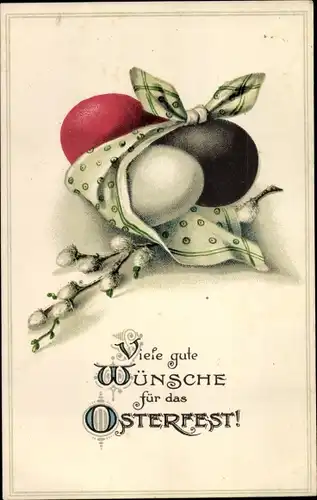 Ak Glückwunsch Ostern, Ostereier, Weidenkätzchen