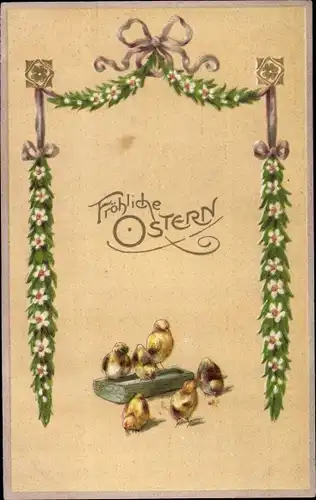 Präge Litho Glückwunsch Ostern, Küken am Futternapf