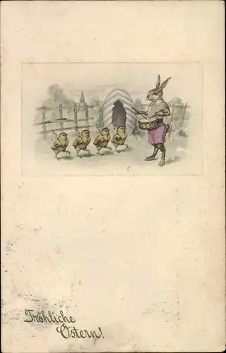 Ak Glückwunsch Ostern, Hase mit Trommel, marschierende Küken
