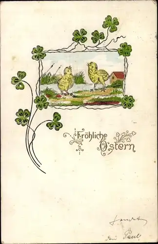 Ak Glückwunsch Ostern, Zwei Küken, Kleeblätter