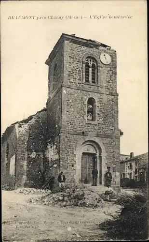Ak Beaumont Meuse, L'Eglise bombardee, Kriegszerstörungen, I. WK