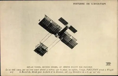 Ak Histoire de l'Aviation, Biplan Voisin, Moteur Gnome, pilote par Paulhan