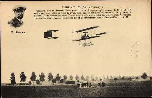 Ak Flugzeug, Flugpionier, Le Biplan Duray, construit par H. Farman