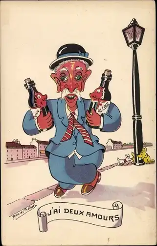 Künstler Ak Preissac, Jean de, J'ai deux Amours, Mann mit Schnapsflaschen